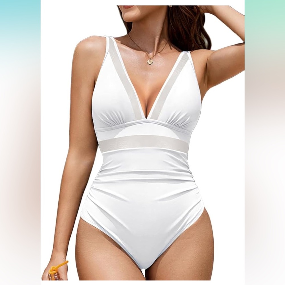 🚘Elegant White One-Piece Swimsuit sexy v mesh tummy control rushing